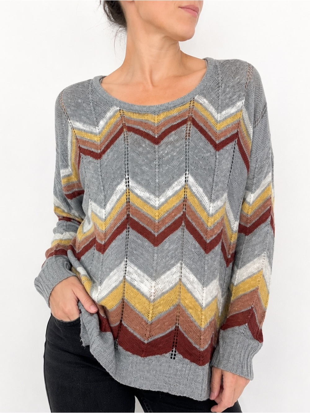 Hippie Rose Women’s XL Chevron Pointelle Knit Sweater Gray Rust Mustard Boho